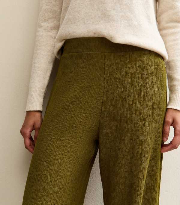 New Look Light Khaki Crinkled Wide Leg Trousers