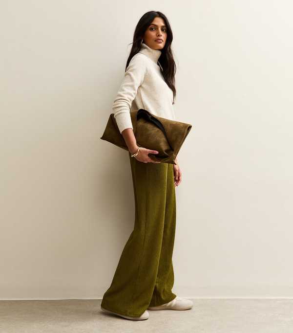 New Look Light Khaki Crinkled Wide Leg Trousers