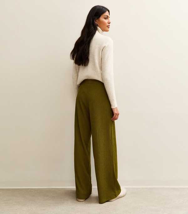 New Look Light Khaki Crinkled Wide Leg Trousers