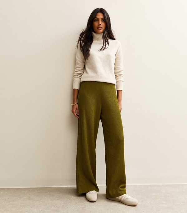 new look Light Khaki Crinkled Wide Leg Trousers