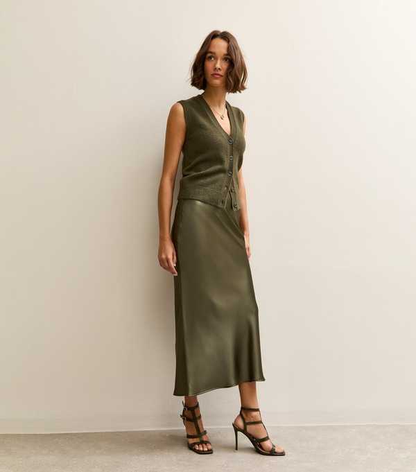 New Look Light Khaki Satin Bias Cut Midi Skirt