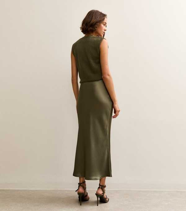 New Look Light Khaki Satin Bias Cut Midi Skirt