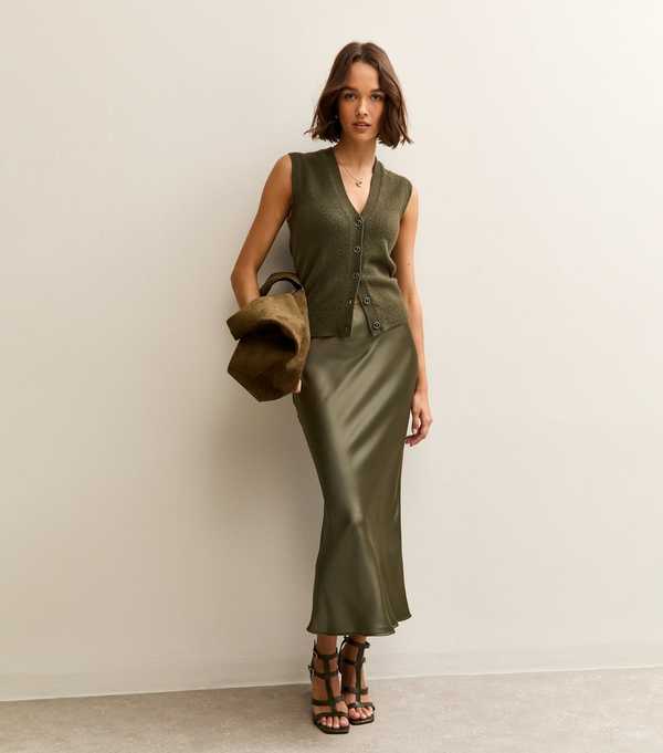 new look Light Khaki Satin Bias Cut Midi Skirt