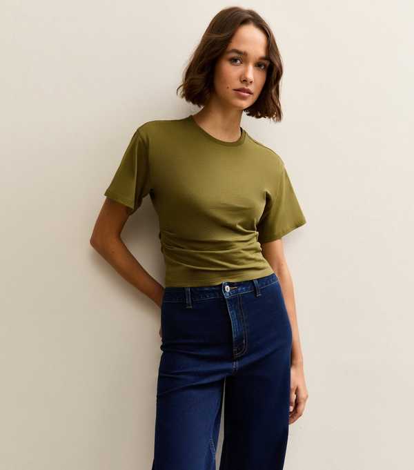 New Look Mid Green Ruched Waist Crew Neck T-Shirt