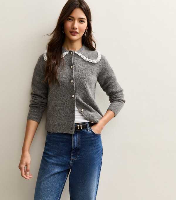 New Look Mid Grey Lace Collar Cardigan