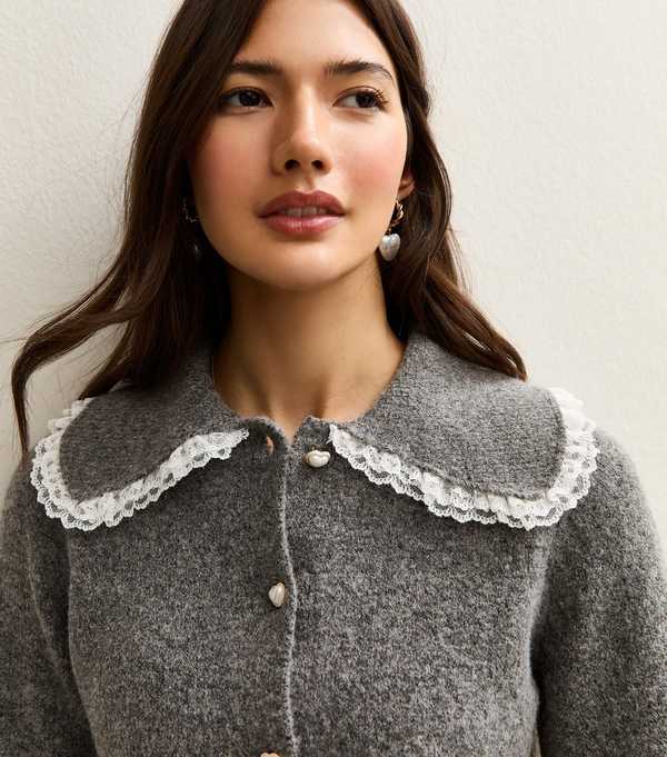 new look Mid Grey Lace Collar Cardigan