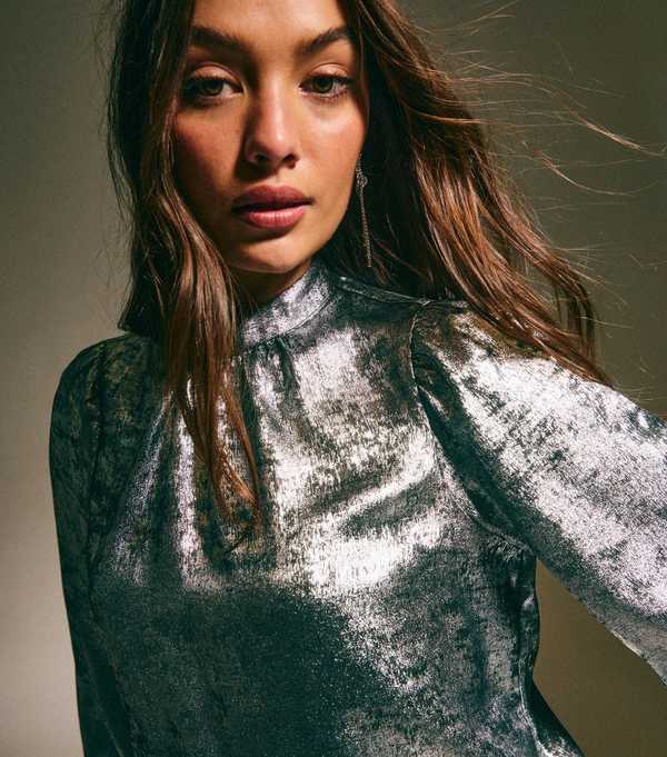 New Look Mid Grey Metallic High Neck Blouse