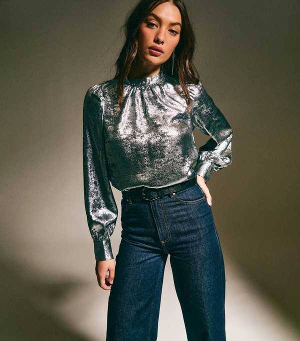 New Look Mid Grey Metallic High Neck Blouse