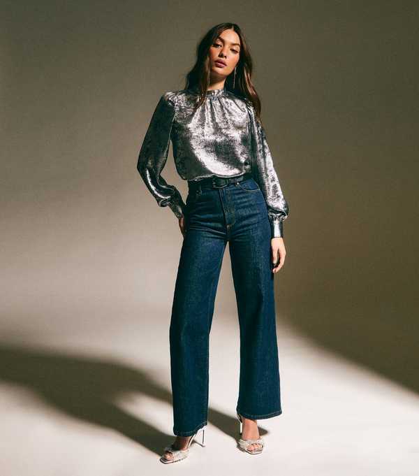 new look Mid Grey Metallic High Neck Blouse