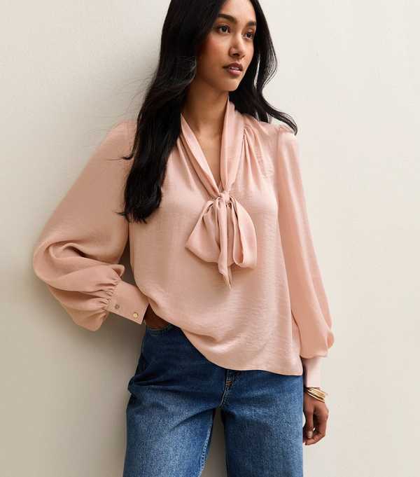 new look Mid Pink Long Sleeve Pussybow Blouse