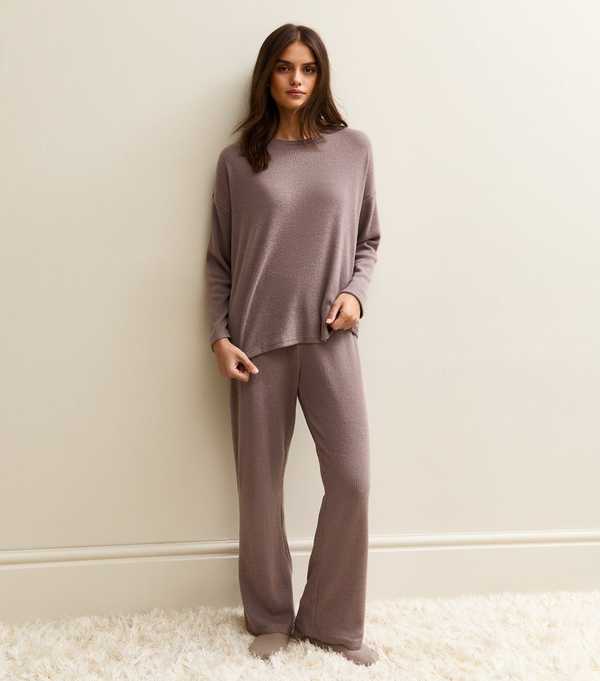 New Look Mink Brushed Ribbed Wide Leg Trousers
