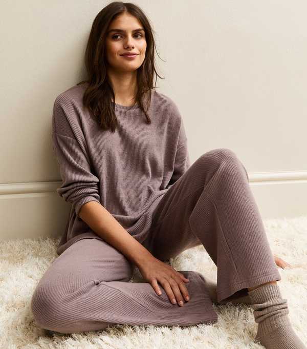 new look Mink Brushed Ribbed Wide Leg Trousers