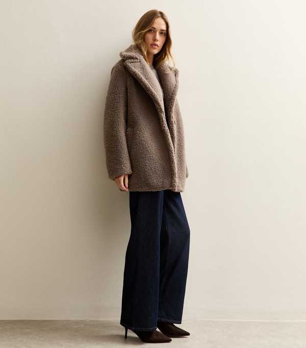 new look Mink Collared Long Sleeve Borg Coat