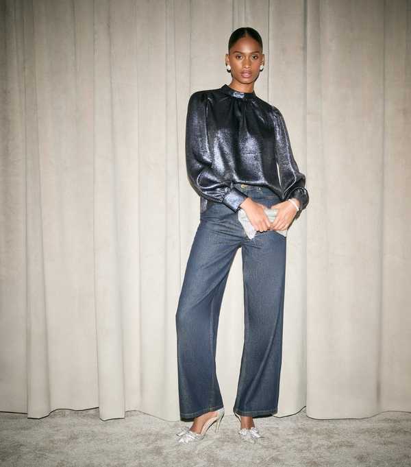 New Look Navy Metallic High Neck Blouse
