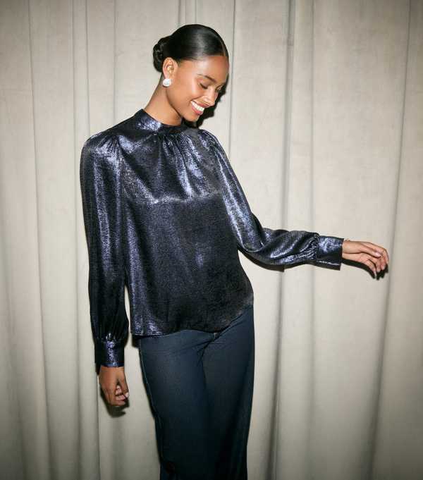 new look Navy Metallic High Neck Blouse
