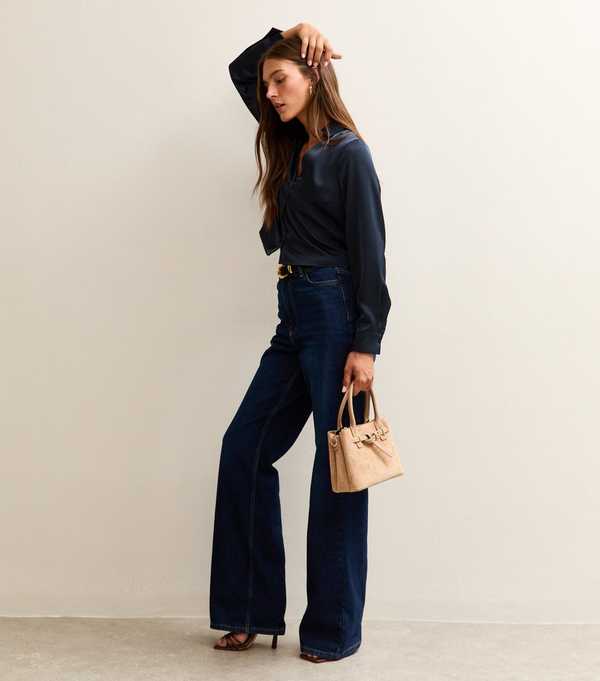 New Look Navy Satin Crop Shirt