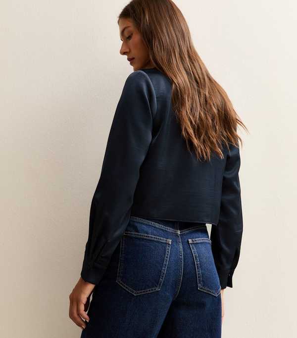 New Look Navy Satin Crop Shirt