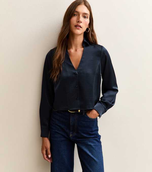 new look Navy Satin Crop Shirt