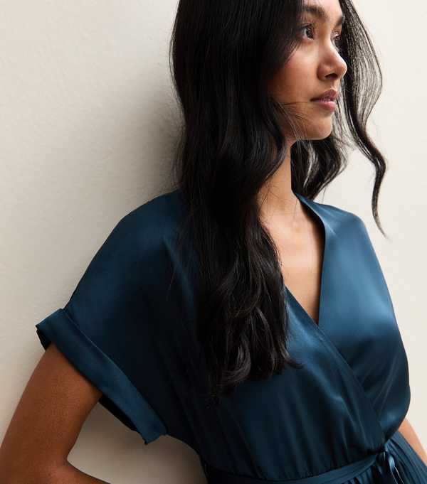 New Look Navy Satin Pleated Wrap Midi Dress