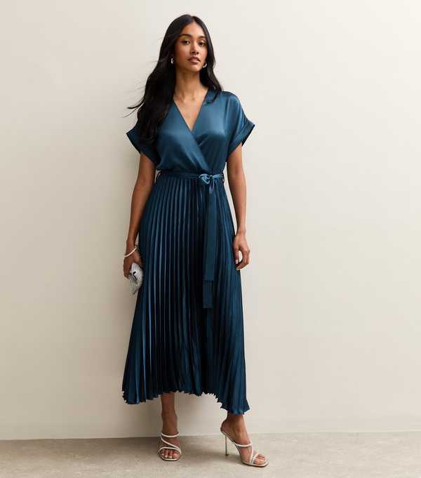 New Look Navy Satin Pleated Wrap Midi Dress