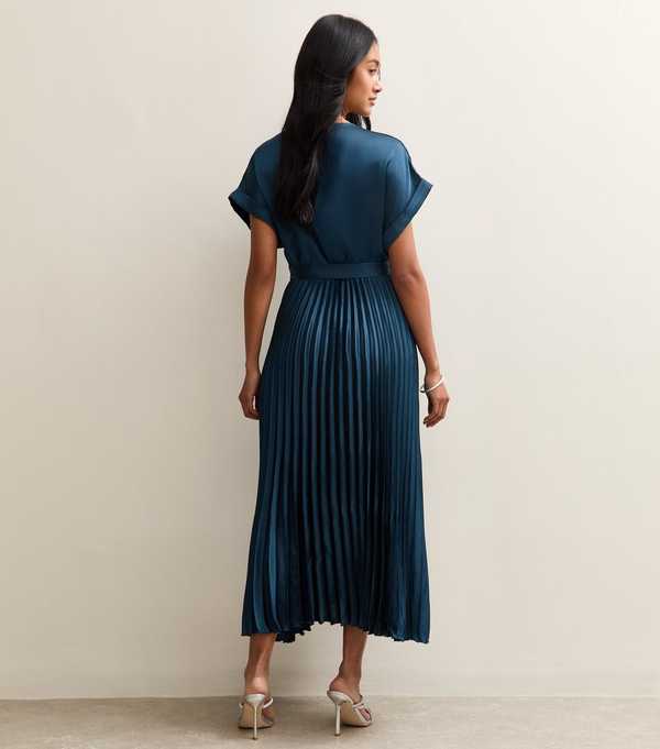 New Look Navy Satin Pleated Wrap Midi Dress