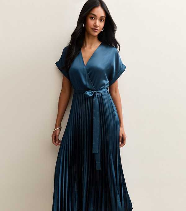 new look Navy Satin Pleated Wrap Midi Dress