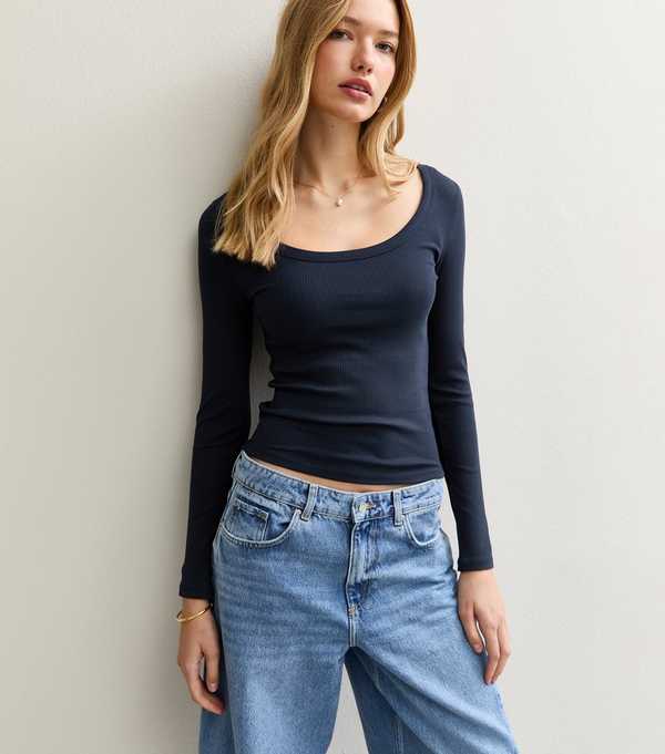 New Look Navy Scoop Neck Long Sleeve Ribbed Top