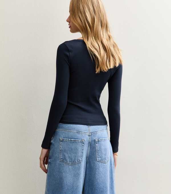 New Look Navy Scoop Neck Long Sleeve Ribbed Top