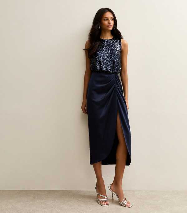 New Look Navy Sequin 2 In 1 Midi Dress