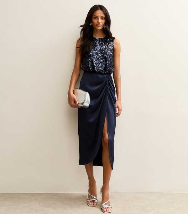 new look Navy Sequin 2 in 1 Midi Dress