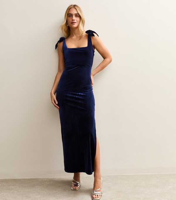 New Look Navy Velvet Bow Shoulder Midi Dress