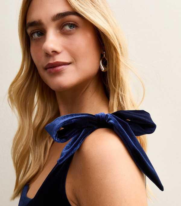 New Look Navy Velvet Bow Shoulder Midi Dress