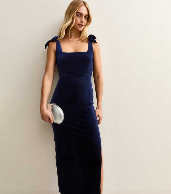 new look Navy Velvet Bow Shoulder Midi Dress