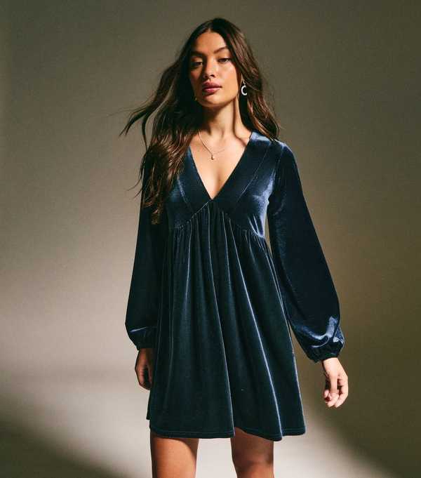 New Look Navy Velvet Smock Mini Dress