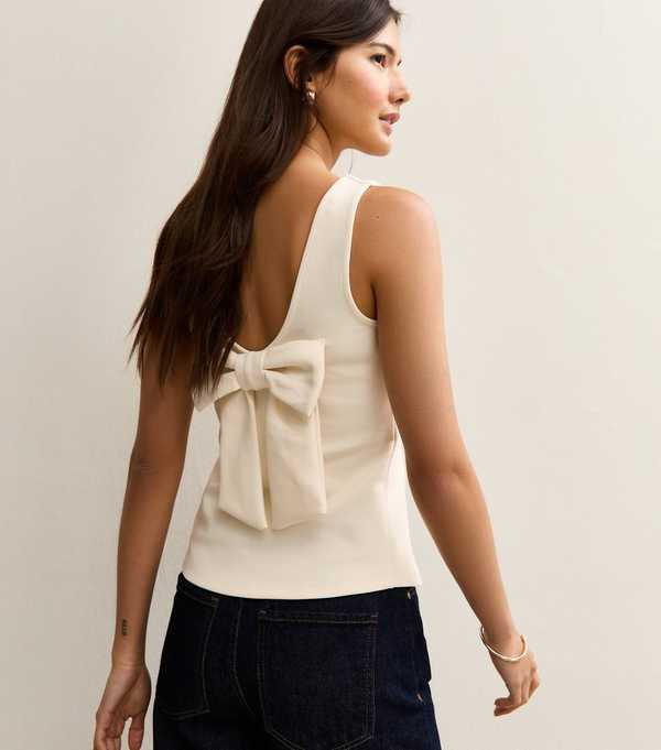 New Look Off White Bow Back Square Neck Top