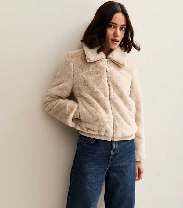 New Look Off White Faux Fur Bomber Jacket