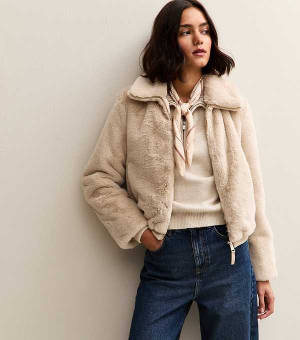 New Look Off White Faux Fur Bomber Jacket