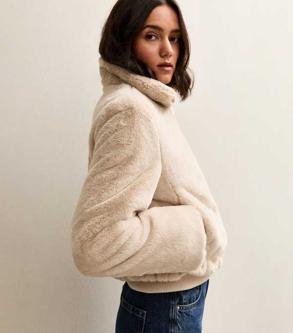 new look Off White Faux Fur Bomber Jacket