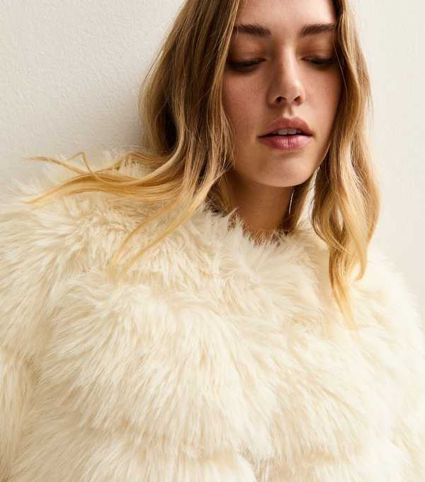 New Look Off White Panelled Faux Fur Jacket