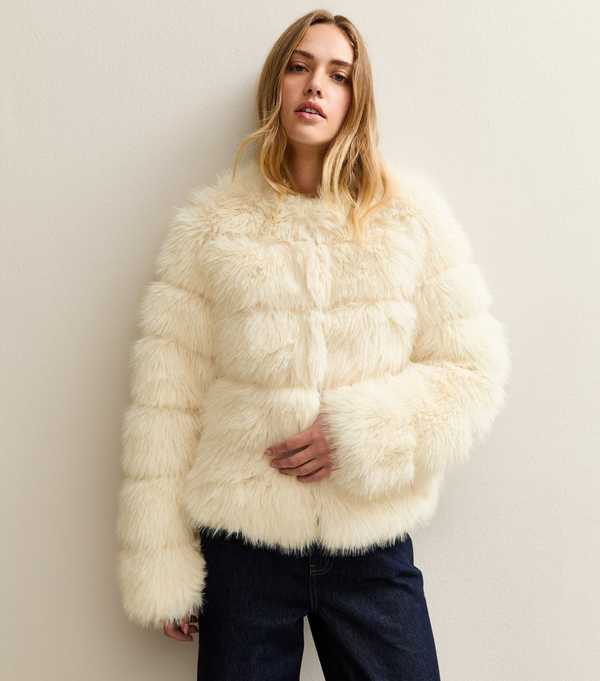 new look Off White Panelled Faux Fur Jacket