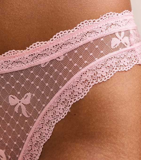 New Look Pink Bow Embroidered Mesh Lace Trim Thong