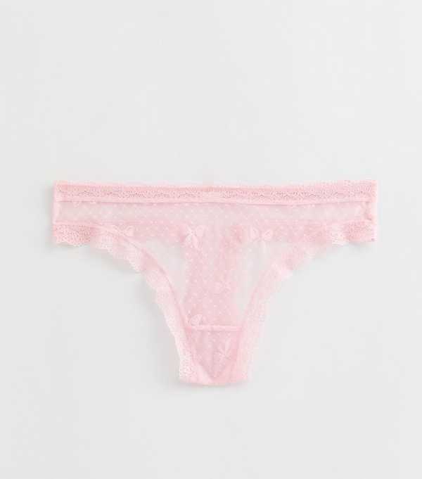 New Look Pink Bow Embroidered Mesh Lace Trim Thong