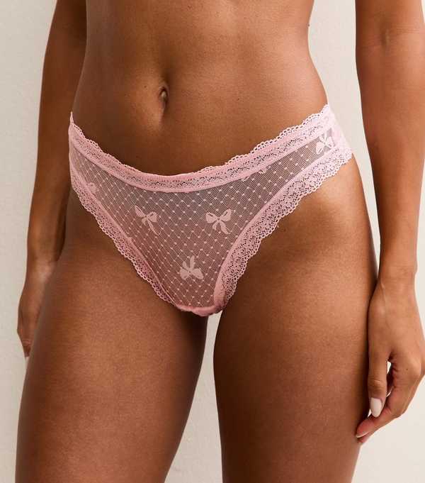 new look Pink Bow Embroidered Mesh Lace Trim Thong