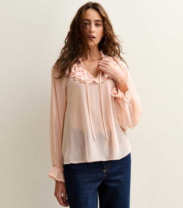 New Look Pink Frill Trim Chiffon Blouse