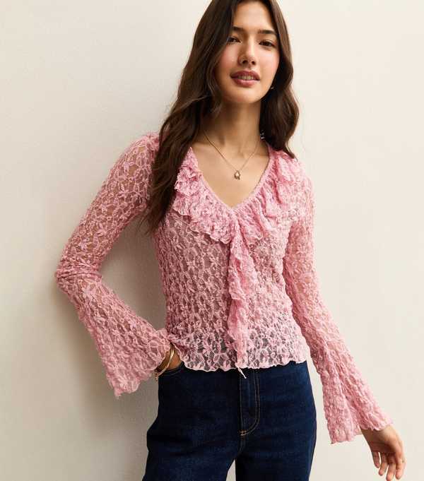 New Look Pink Lace Ruffle Trimmed Long Sleeve Top
