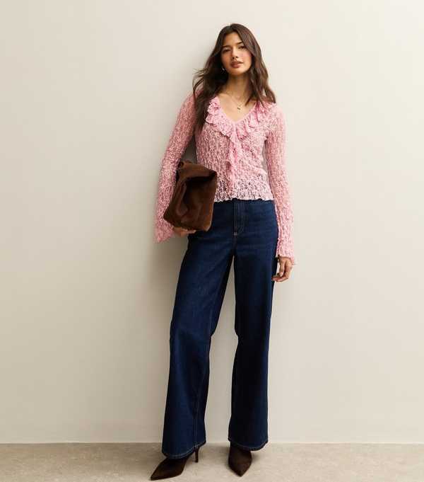 New Look Pink Lace Ruffle Trimmed Long Sleeve Top