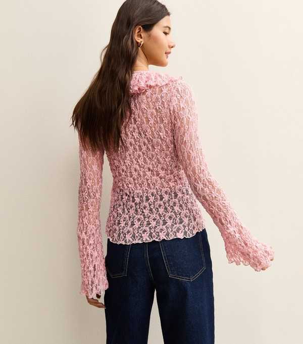 New Look Pink Lace Ruffle Trimmed Long Sleeve Top