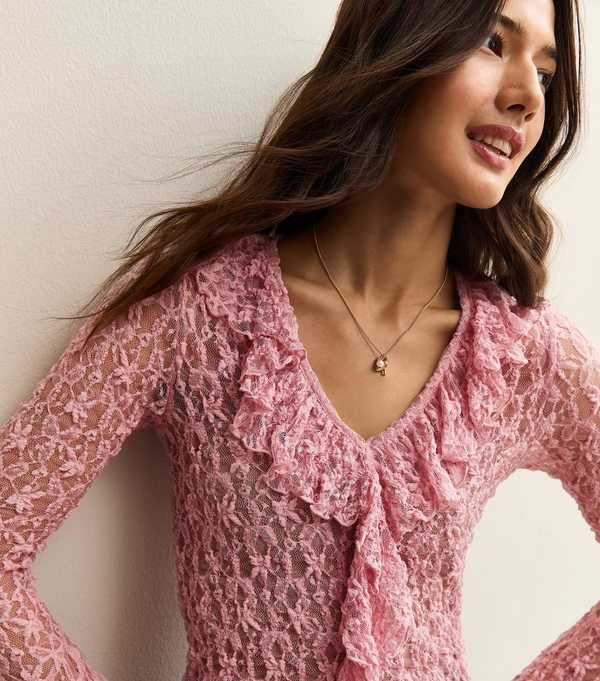 new look Pink Lace Ruffle Trimmed Long Sleeve Top