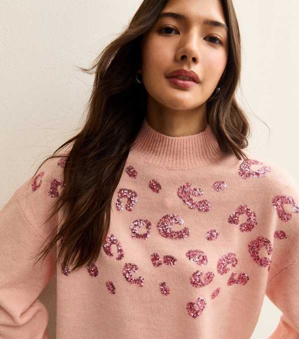 New Look Pink Sequin Animal Motif Mock Neck Jumper