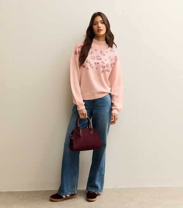 New Look Pink Sequin Animal Motif Mock Neck Jumper